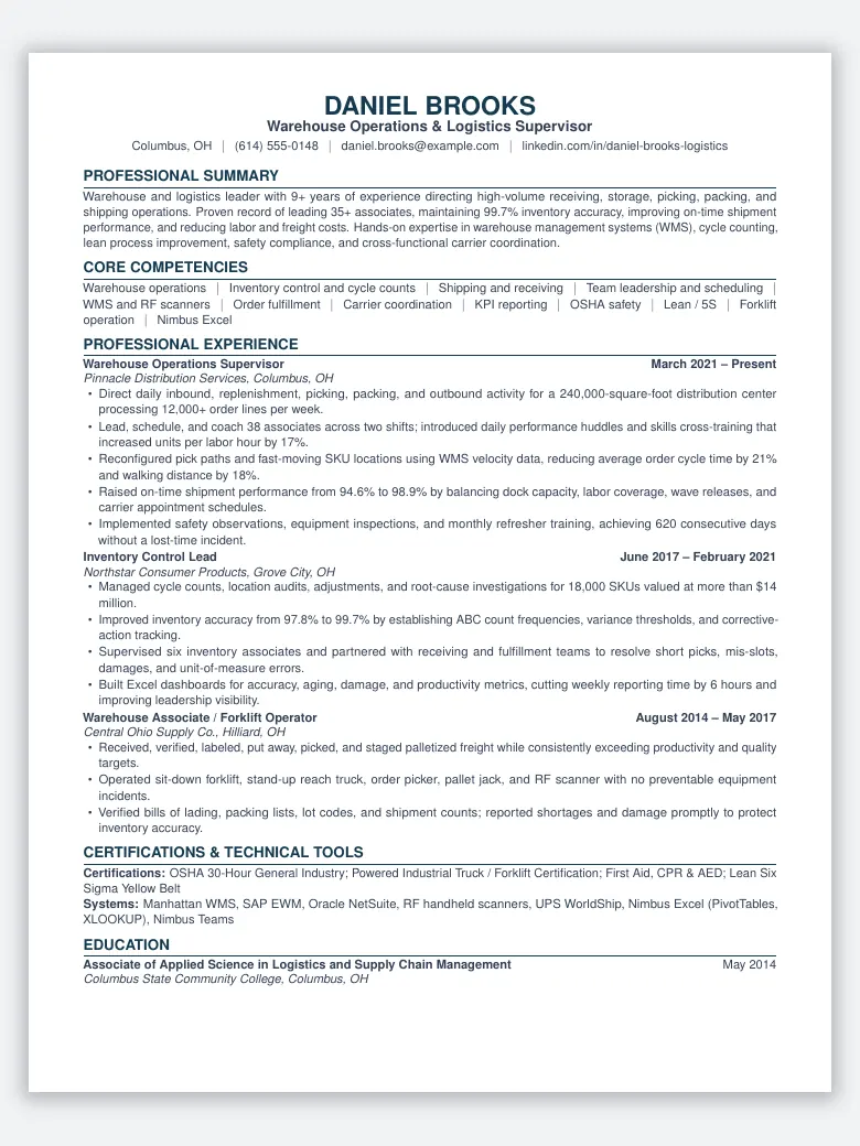 Warehouse and Logistics Resume preview