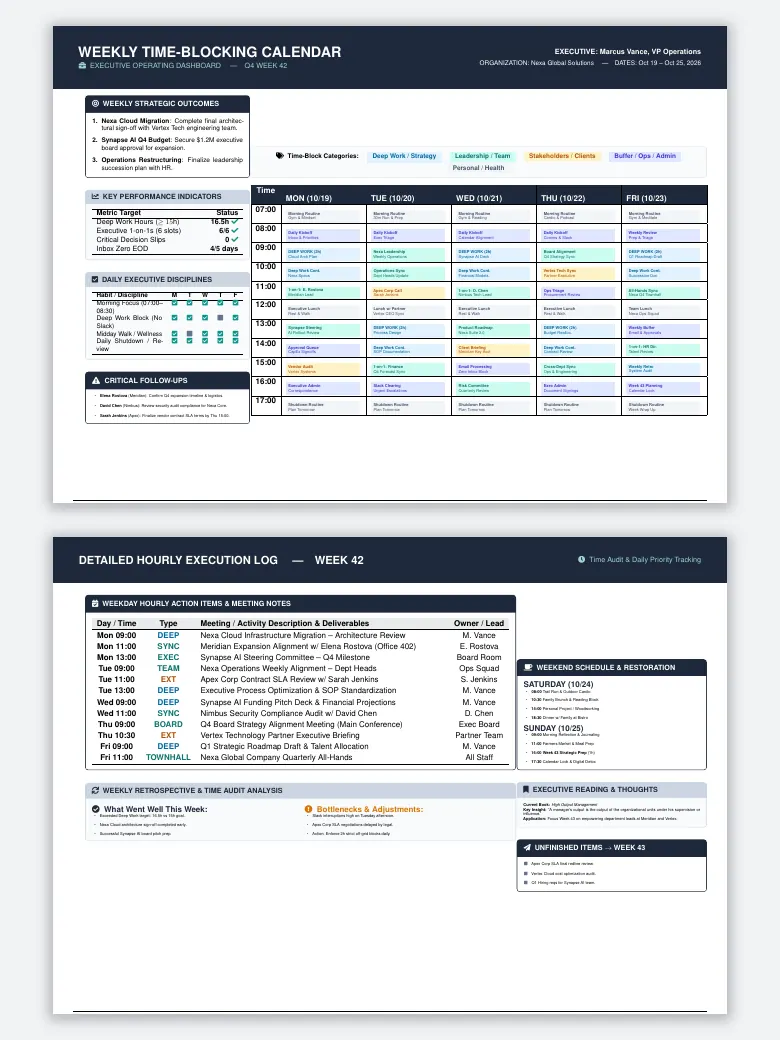 Weekly Time-Blocking Executive Calendar LaTeX template, first page preview