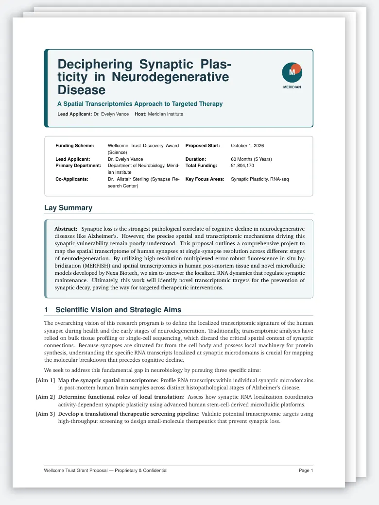 Wellcome Trust Grant LaTeX template, first page preview
