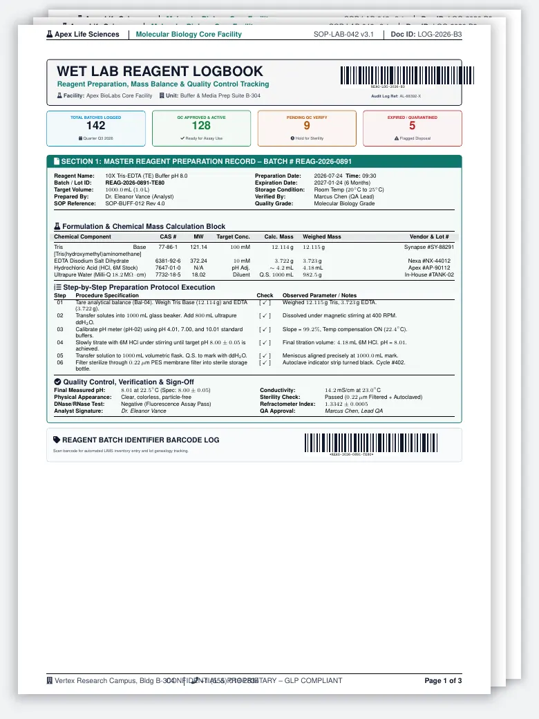 Wet Lab Reagent Preparation Logbook LaTeX template, first page preview