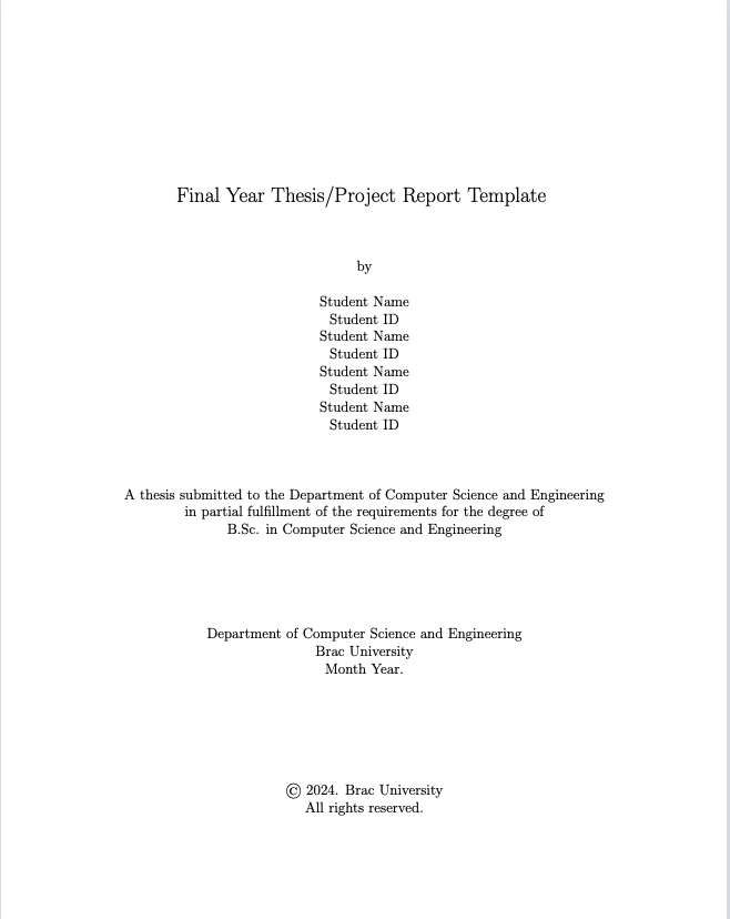 BRAC University Thesis LaTeX template: actual first-page preview